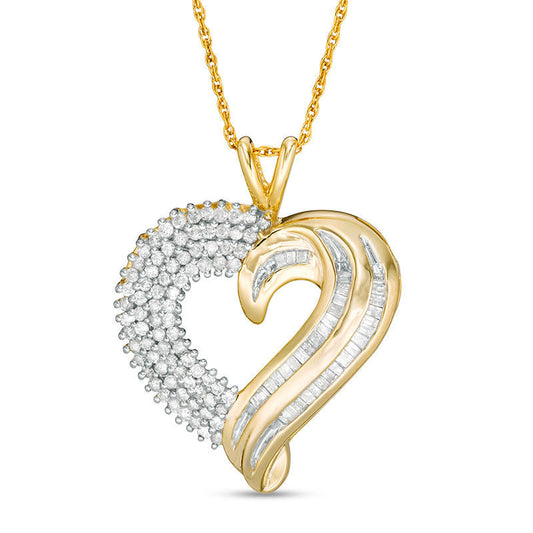 0.75 CT. T.W. Baguette and Round Natural Diamond Heart Pendant in 10K Yellow Gold