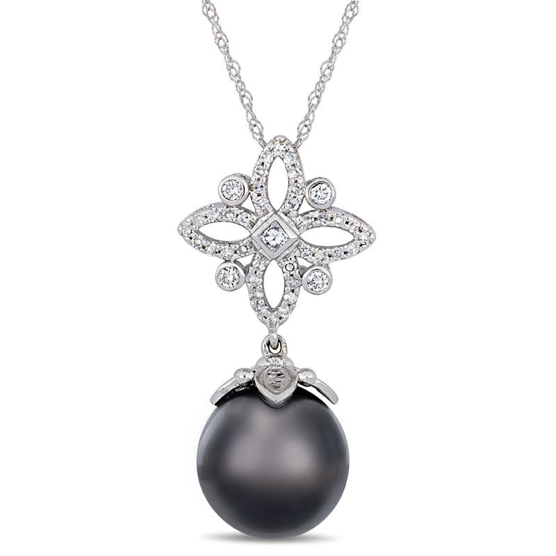 11.0 - 12.0mm Oval Black Cultured Tahitian Pearl and 0.25 CT. T.W. Natural Diamond Ornate Flower Pendant in 14K White Gold - 17