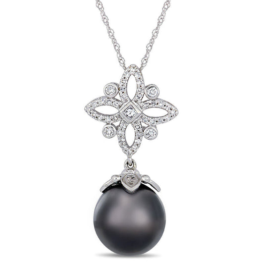 11.0 - 12.0mm Oval Black Cultured Tahitian Pearl and 0.25 CT. T.W. Natural Diamond Ornate Flower Pendant in 14K White Gold - 17