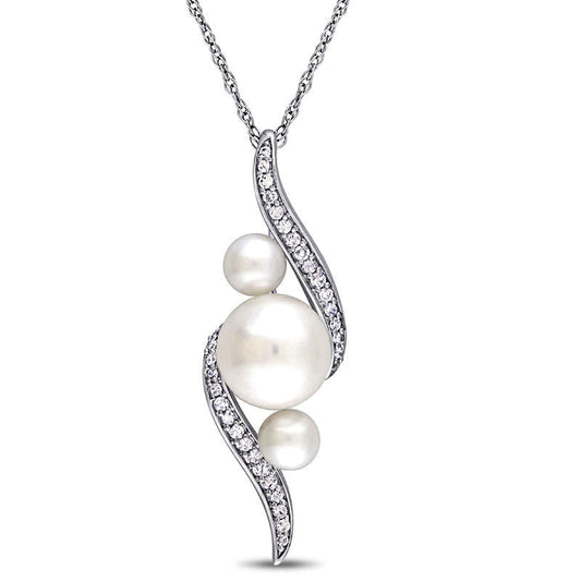 Cultured Freshwater Pearl and 0.13 CT. T.W. Natural Diamond Linear Three Stone Bypass Pendant in 10K White Gold - 17