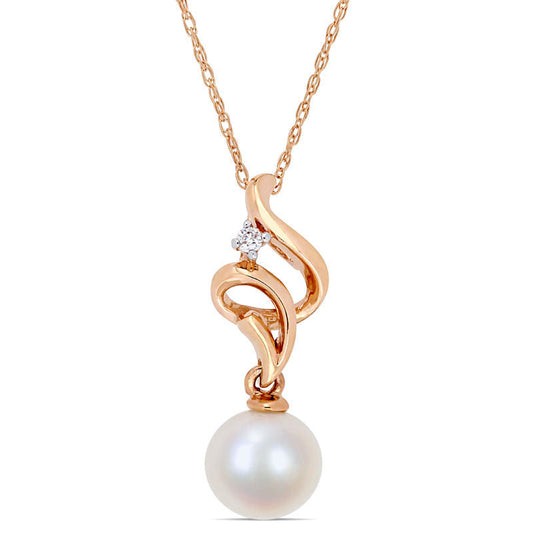 7.0 - 7.5mm Cultured Freshwater Pearl and Natural Diamond Accent Ribbon Pendant in 10K Rose Gold - 17