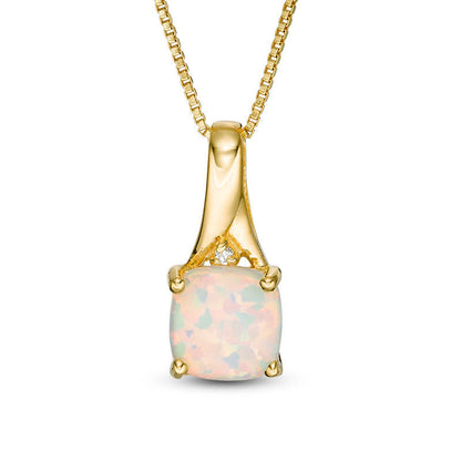 7.0mm Cushion-Cut Lab-Created Opal and Diamond Accent Ribbon Pendant in Sterling Silver with 18K Gold Plate