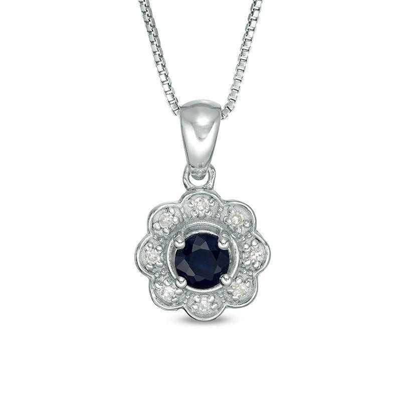 4.0mm Blue Sapphire and 0.05 CT. T.W. Natural Diamond Flower Pendant in Sterling Silver