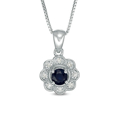 4.0mm Blue Sapphire and 0.05 CT. T.W. Natural Diamond Flower Pendant in Sterling Silver