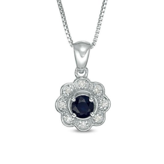 4.0mm Blue Sapphire and 0.05 CT. T.W. Natural Diamond Flower Pendant in Sterling Silver