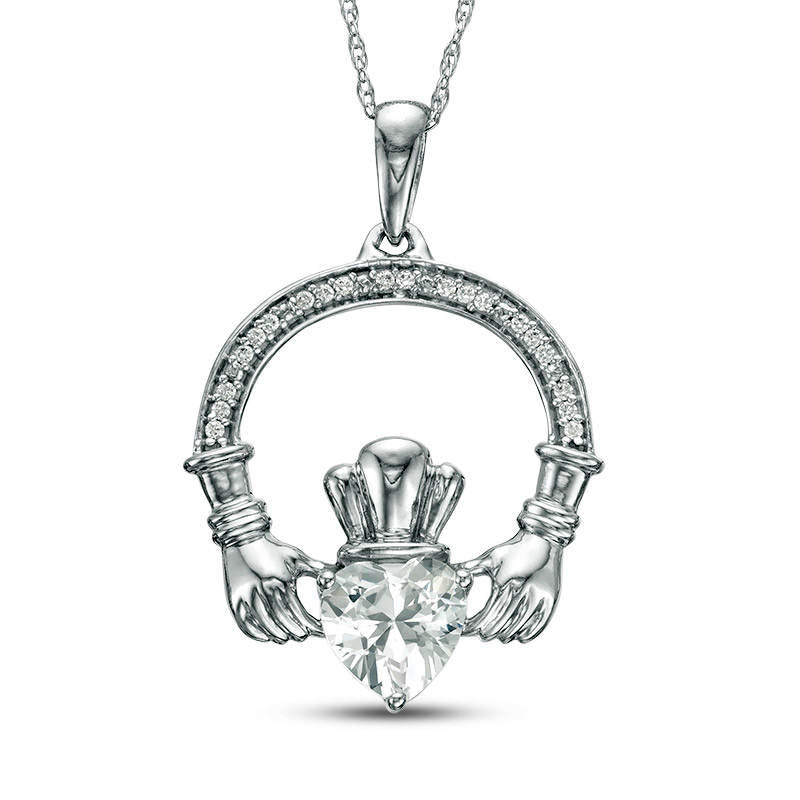 6.0mm Heart-Shaped Lab-Created White Sapphire and 0.05 CT. T.W. Diamond Claddagh Pendant in Sterling Silver