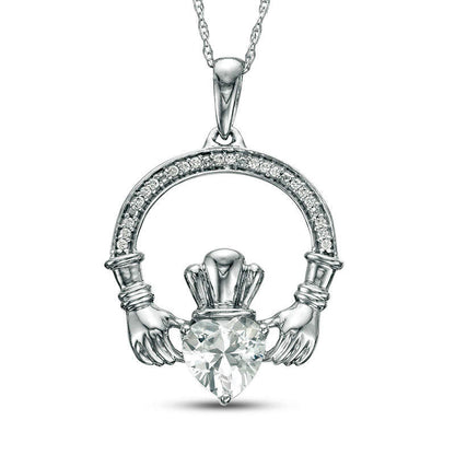 6.0mm Heart-Shaped Lab-Created White Sapphire and 0.05 CT. T.W. Diamond Claddagh Pendant in Sterling Silver