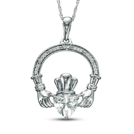 6.0mm Heart-Shaped Lab-Created White Sapphire and 0.05 CT. T.W. Diamond Claddagh Pendant in Sterling Silver