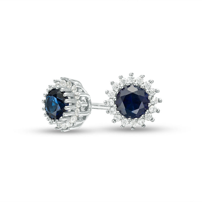 4.0mm Lab-Created Blue Sapphire and 0.13 CT. T.W. Diamond Sunburst Stud Earrings in 10K White Gold