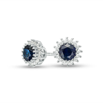 4.0mm Lab-Created Blue Sapphire and 0.13 CT. T.W. Diamond Sunburst Stud Earrings in 10K White Gold