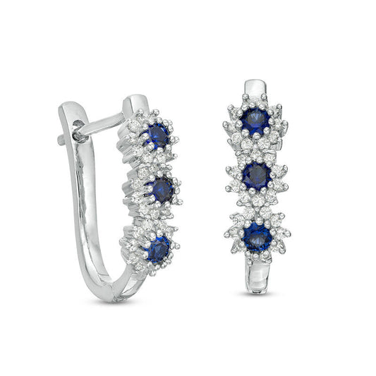 Lab-Created Blue Sapphire and 0.2 CT. T.W. Diamond Three Stone Sunburst Hoop Earrings in 10K White Gold