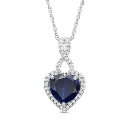 7.0mm Heart-Shaped Lab-Created Blue Sapphire and 0.17 CT. T.W. Diamond Frame Twist Pendant in 10K White Gold