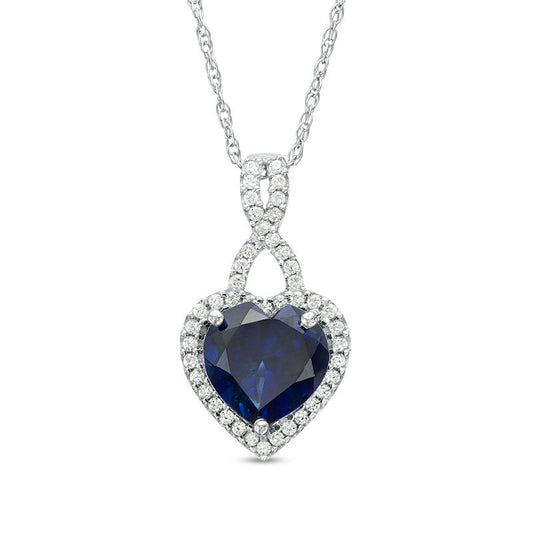 7.0mm Heart-Shaped Lab-Created Blue Sapphire and 0.17 CT. T.W. Diamond Frame Twist Pendant in 10K White Gold