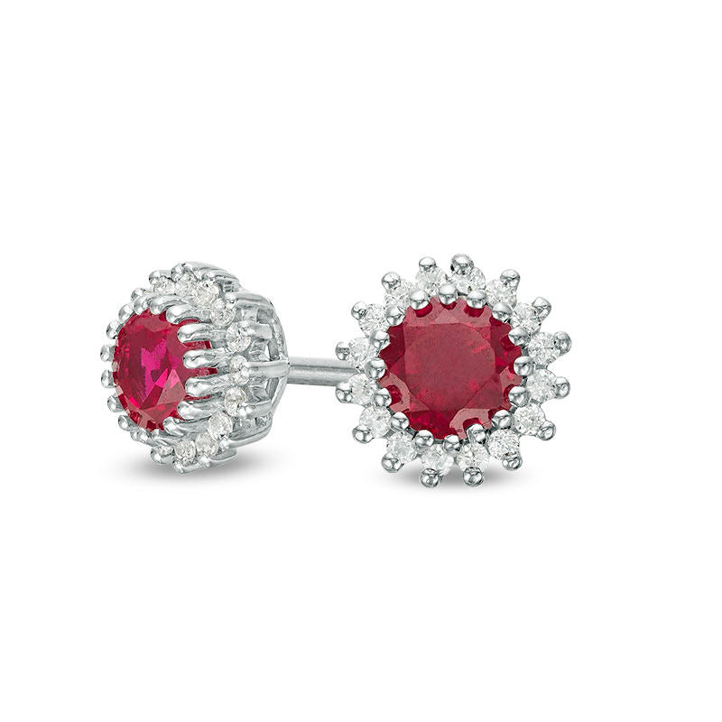 4.0mm Lab-Created Ruby and 0.13 CT. T.W. Diamond Sunburst Stud Earrings in 10K White Gold