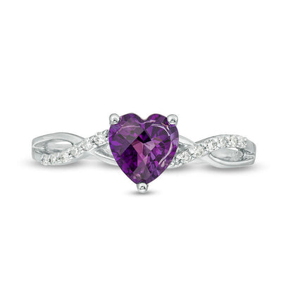6.0mm Heart-Shaped Amethyst and 0.05 CT. T.W. Natural Diamond Twist Shank Ring in Solid 10K White Gold