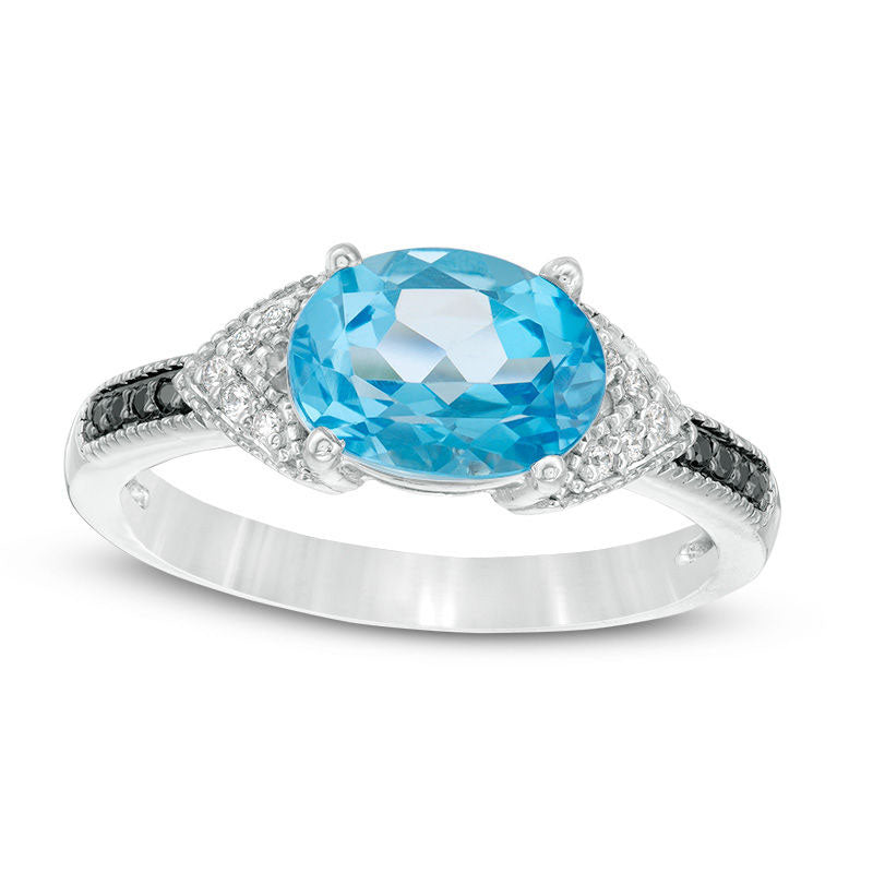 Sideways Oval Blue Topaz and 0.07 CT. T.W. Enhanced Black and White Natural Diamond Antique Vintage-Style Ring in Sterling Silver