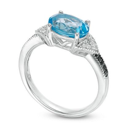 Sideways Oval Blue Topaz and 0.07 CT. T.W. Enhanced Black and White Natural Diamond Antique Vintage-Style Ring in Sterling Silver
