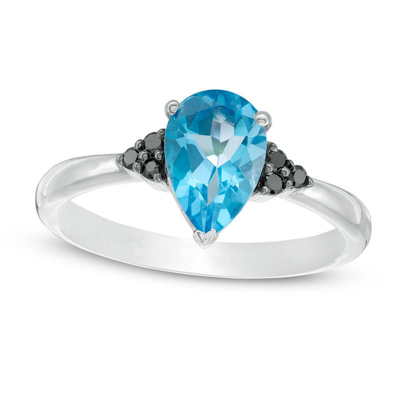 Pear-Shaped Blue Topaz and 0.07 CT. T.W. Enhanced Black Natural Diamond Tri-Sides Ring in Sterling Silver