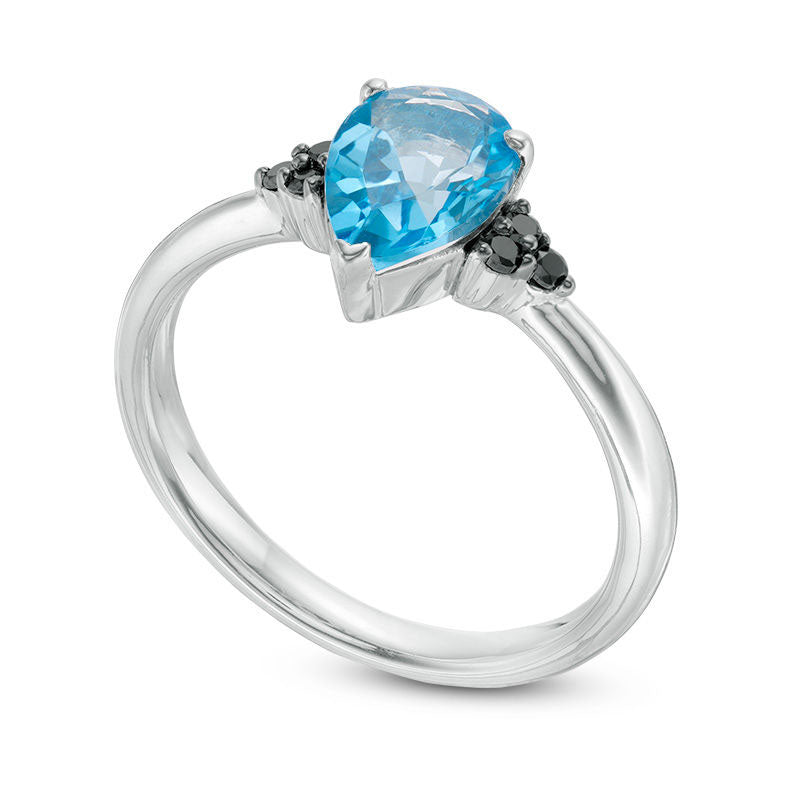 Pear-Shaped Blue Topaz and 0.07 CT. T.W. Enhanced Black Natural Diamond Tri-Sides Ring in Sterling Silver