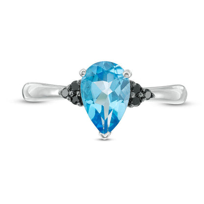 Pear-Shaped Blue Topaz and 0.07 CT. T.W. Enhanced Black Natural Diamond Tri-Sides Ring in Sterling Silver