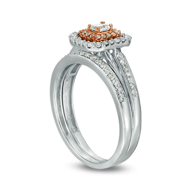 0.50 CT. T.W. Emerald-Cut Natural Diamond Double Frame Arrow-Sides Bridal Engagement Ring Set in Solid 10K Two-Tone Gold