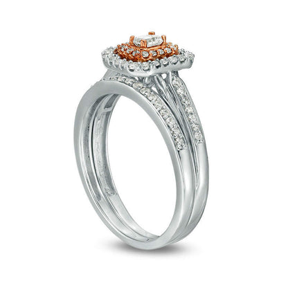 0.50 CT. T.W. Emerald-Cut Natural Diamond Double Frame Arrow-Sides Bridal Engagement Ring Set in Solid 10K Two-Tone Gold