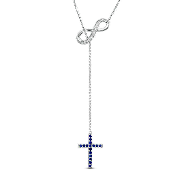 Lab-Created Blue and White Sapphire Cross and Infinity Lariat Necklace in Sterling Silver - 20
