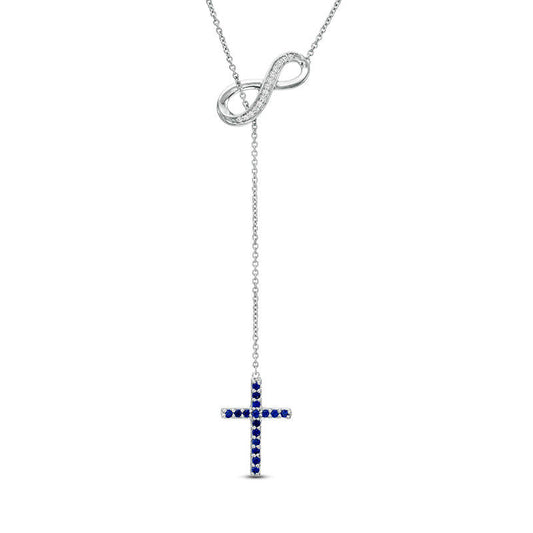 Lab-Created Blue and White Sapphire Cross and Infinity Lariat Necklace in Sterling Silver - 20