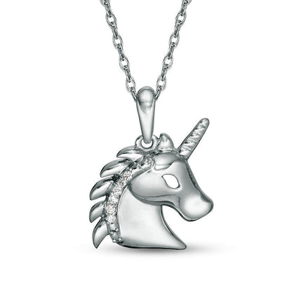 Natural Diamond Accent Profile Unicorn Head Pendant in Sterling Silver