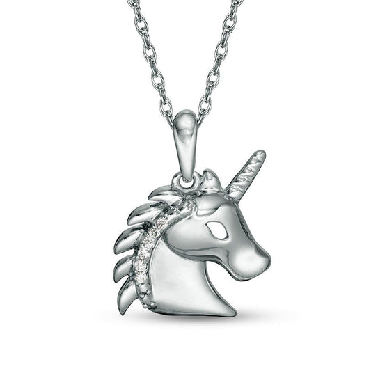 Natural Diamond Accent Profile Unicorn Head Pendant in Sterling Silver