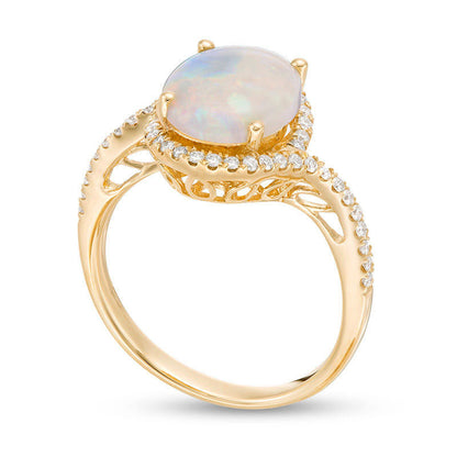Oval Opal and 0.20 CT. T.W. Natural Diamond Frame Bypass Ring in Solid 14K Gold