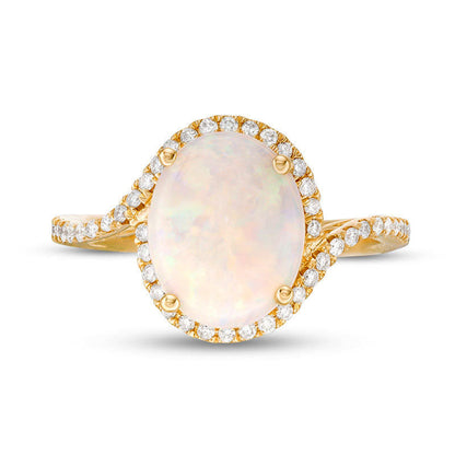 Oval Opal and 0.20 CT. T.W. Natural Diamond Frame Bypass Ring in Solid 14K Gold