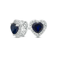 5.0mm Heart-Shaped Lab-Created Blue Sapphire and Diamond Accent Bead Frame Stud Earrings in Sterling Silver