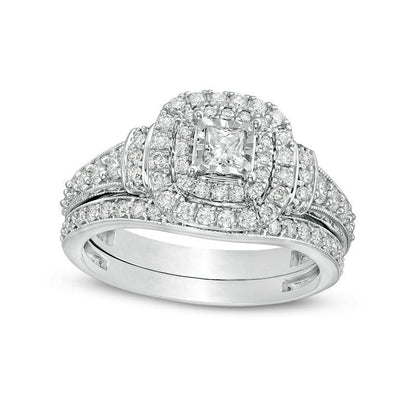 1.0 CT. T.W. Princess-Cut Natural Diamond Double Frame Collar Antique Vintage-Style Bridal Engagement Ring Set in Solid 10K White Gold