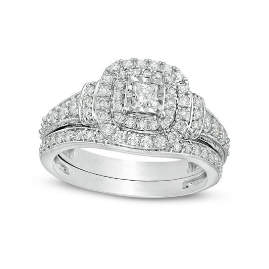 1.0 CT. T.W. Princess-Cut Natural Diamond Double Frame Collar Antique Vintage-Style Bridal Engagement Ring Set in Solid 10K White Gold