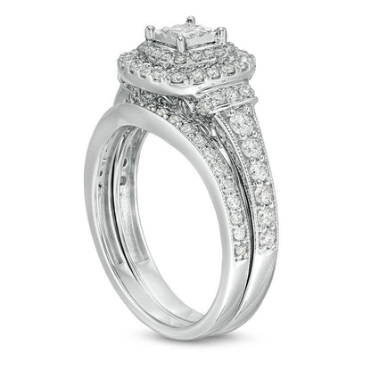 1.0 CT. T.W. Princess-Cut Natural Diamond Double Frame Collar Antique Vintage-Style Bridal Engagement Ring Set in Solid 10K White Gold
