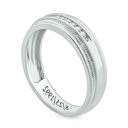 Men's 0.07 CT. T.W. Natural Diamond Milgrain Stepped Edge Engravable Wedding Band in Sterling Silver (1 Line)