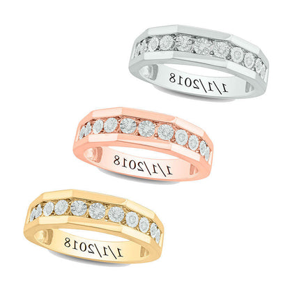 Men's 0.13 CT. T.W. Natural Diamond Geometric Engravable Wedding Band in Solid 10K White, Yellow or Rose Gold (1 Line)