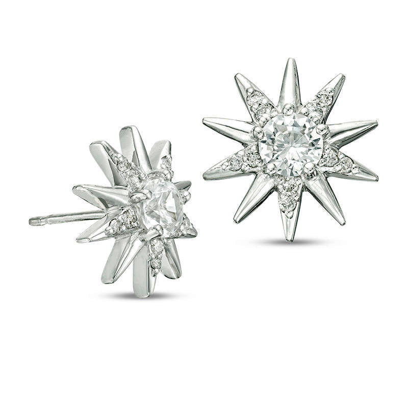 4.5mm Lab-Created White Sapphire and 0.17 CT. T.W. Diamond Sunburst Stud Earrings in 10K White Gold