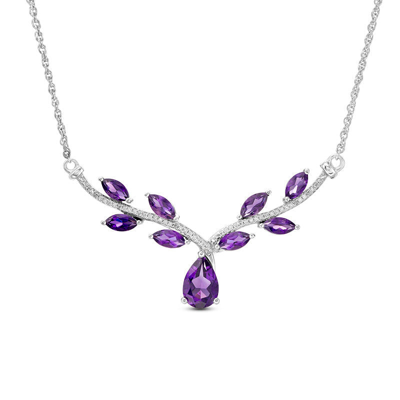 Amethyst and 0.1 CT. T.W. Natural Diamond Chevron Vine Necklace in Sterling Silver