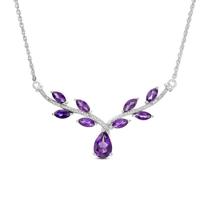 Amethyst and 0.1 CT. T.W. Natural Diamond Chevron Vine Necklace in Sterling Silver