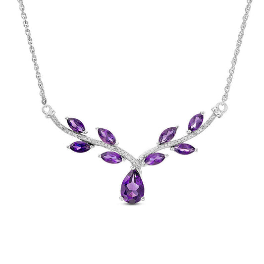 Amethyst and 0.1 CT. T.W. Natural Diamond Chevron Vine Necklace in Sterling Silver