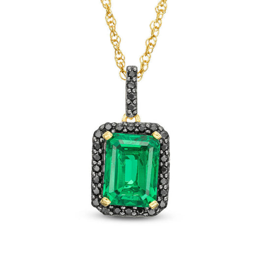 Emerald-Cut Lab-Created Emerald and 0.13 CT. T.W. Enhanced Black Diamond Frame Pendant in 10K Yellow Gold