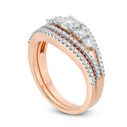 Lab-Created White Sapphire and 0.17 CT. T.W. Diamond Five Stone Bridal Engagement Ring Set in Solid 10K Rose Gold