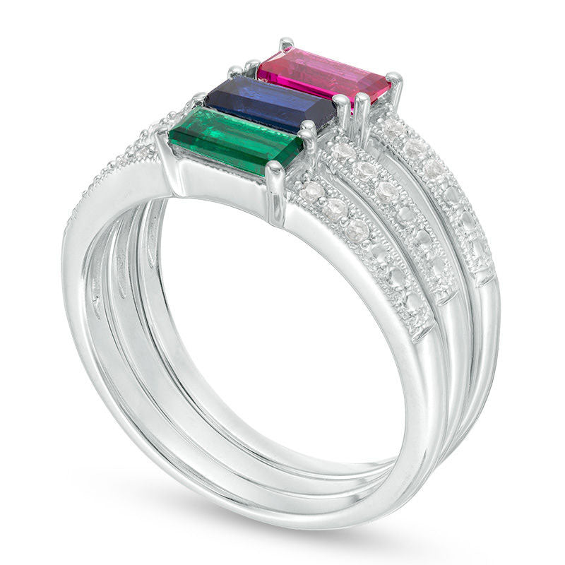 Lab-Created Multi-Gemstone and White Sapphire Antique Vintage-Style Stackable Three Ring Set in Sterling Silver