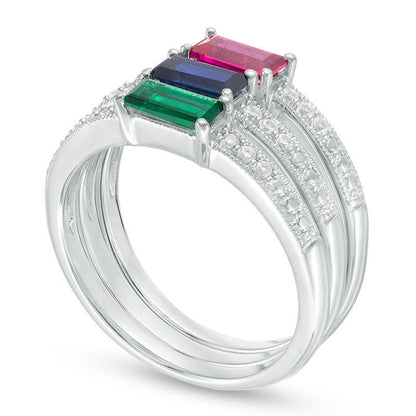 Lab-Created Multi-Gemstone and White Sapphire Antique Vintage-Style Stackable Three Ring Set in Sterling Silver