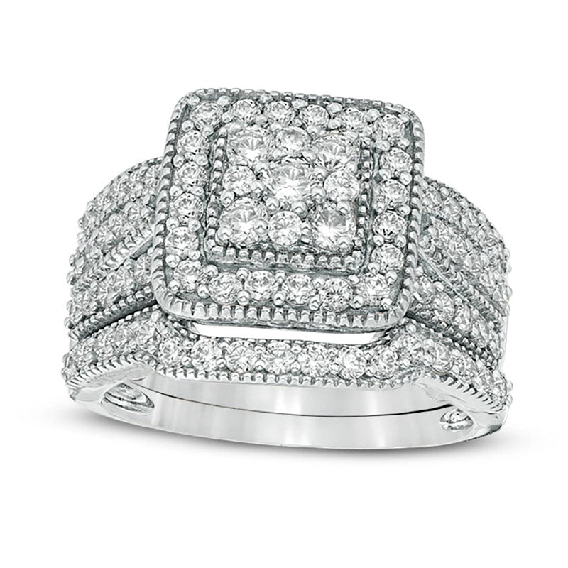 1.25 CT. T.W. Composite Natural Diamond Square Frame Antique Vintage-Style Multi-Row Bridal Engagement Ring Set in Solid 10K White Gold