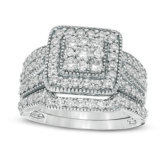 1.25 CT. T.W. Composite Natural Diamond Square Frame Antique Vintage-Style Multi-Row Bridal Engagement Ring Set in Solid 10K White Gold