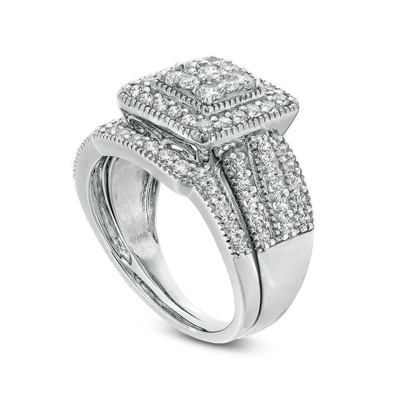 1.25 CT. T.W. Composite Natural Diamond Square Frame Antique Vintage-Style Multi-Row Bridal Engagement Ring Set in Solid 10K White Gold