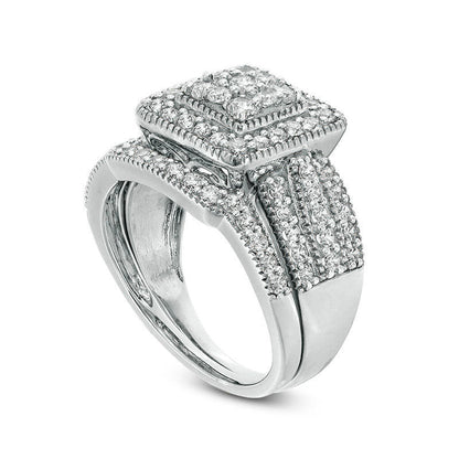 1.25 CT. T.W. Composite Natural Diamond Square Frame Antique Vintage-Style Multi-Row Bridal Engagement Ring Set in Solid 10K White Gold